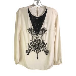 Amanda Uprichard Top Womens Sz Small Cream Embroidered 100% Silk Long Sleeve NWT